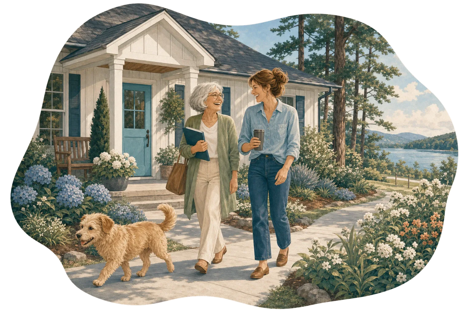 Illustration of a small office with a cyan door among pine trees in a north Georgia town