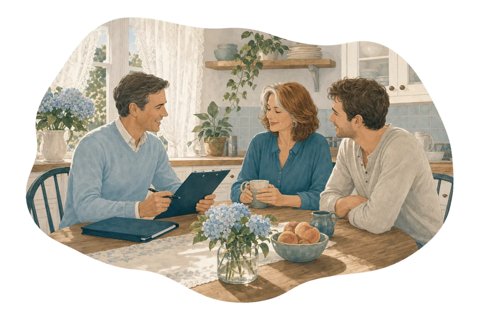 Illustration of an advisor with a woman and her grown son at a sunny kitchen table, checking items off a list