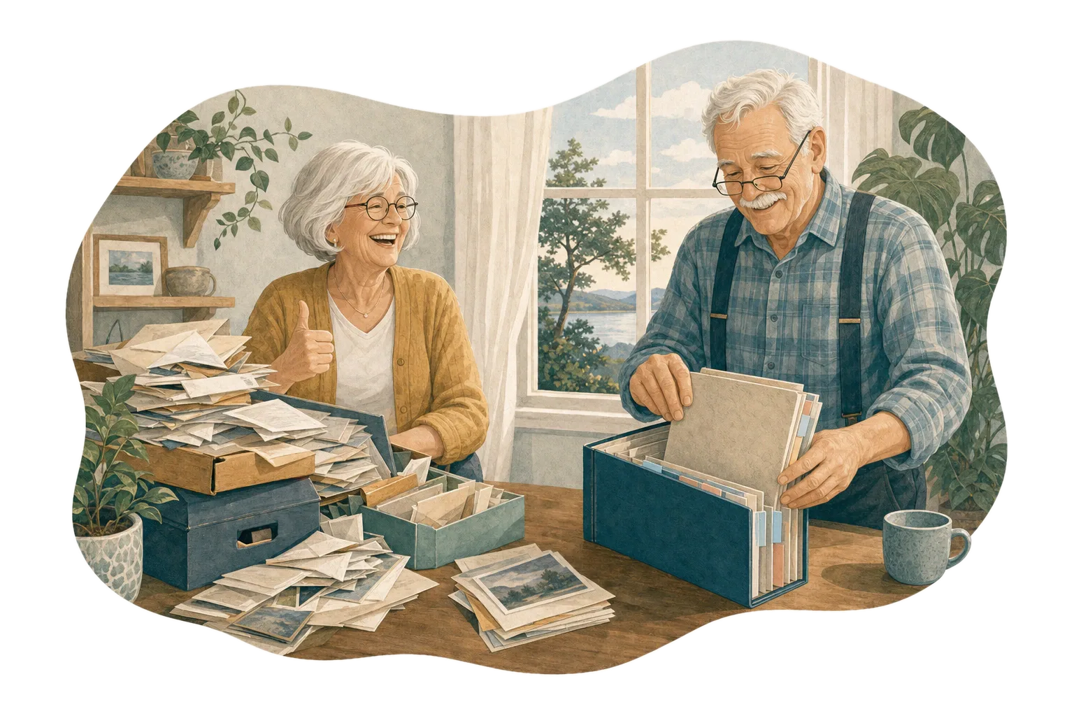 Illustration of a messy pile of papers on one side and the same papers sorted into a tidy binder on the other, with an older couple smiling