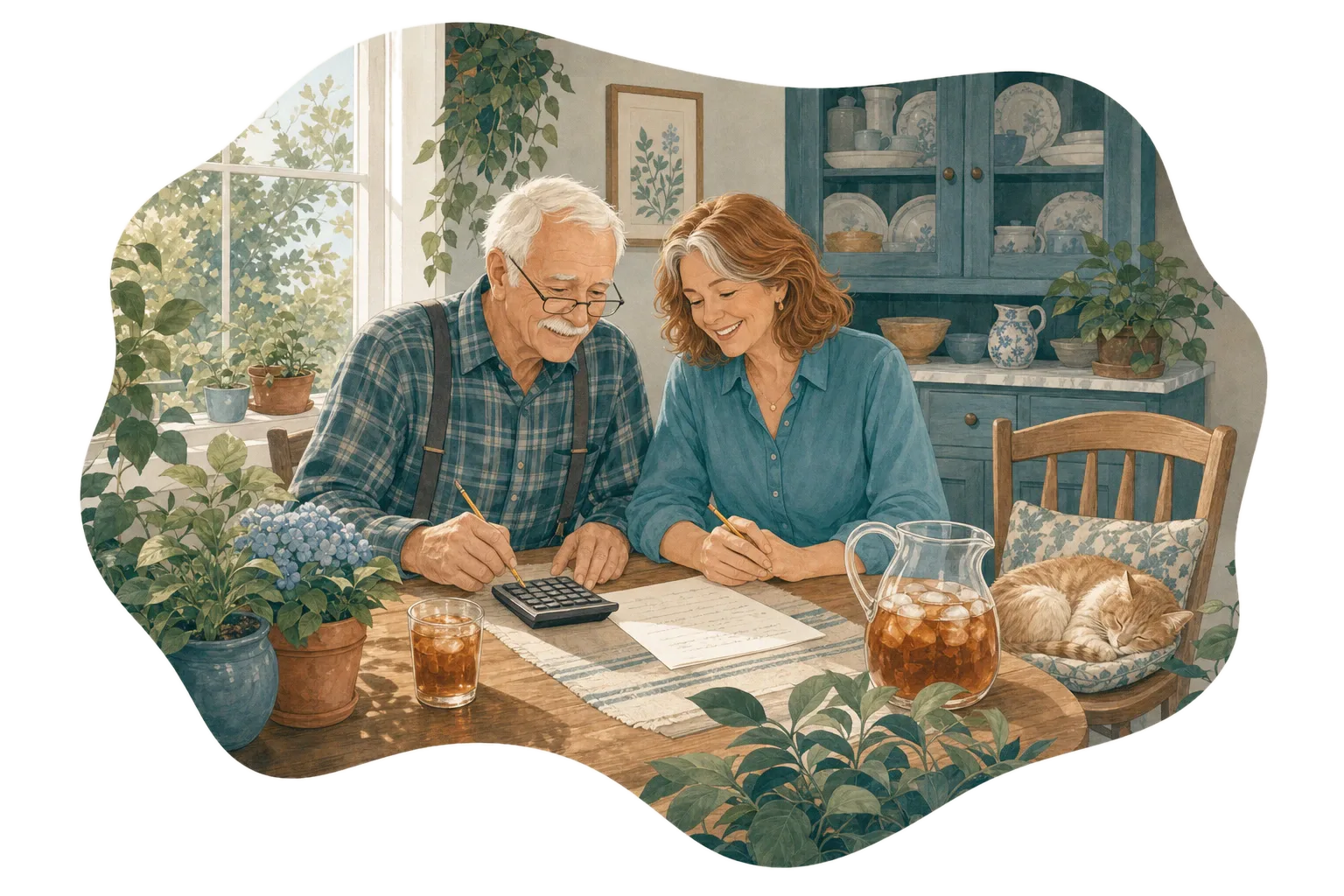 Illustration of an older couple smiling over a calculator and a handwritten list at their kitchen table