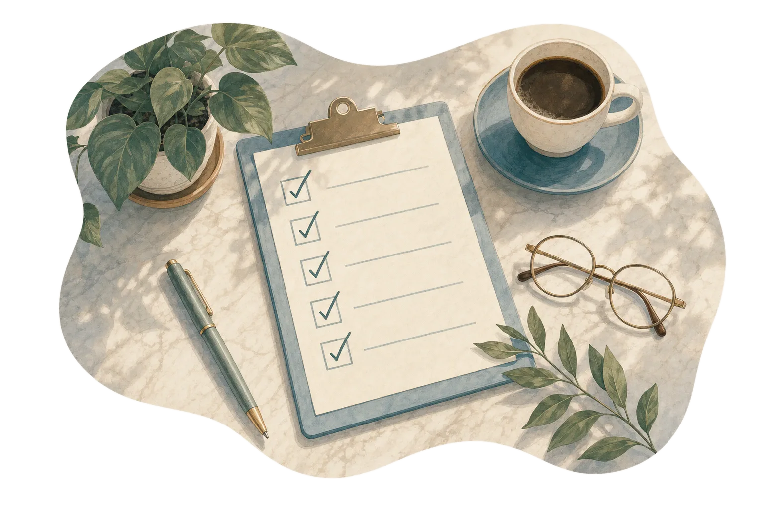 Illustration of a checklist on a clipboard with reading glasses and a cup of coffee