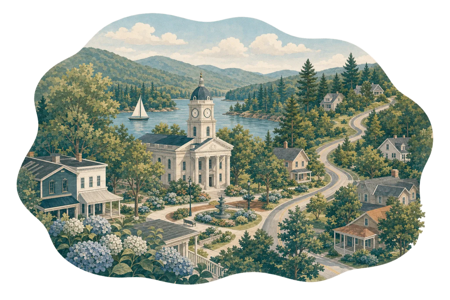 Illustrated map of north Georgia towns, lakes and pine-covered hills