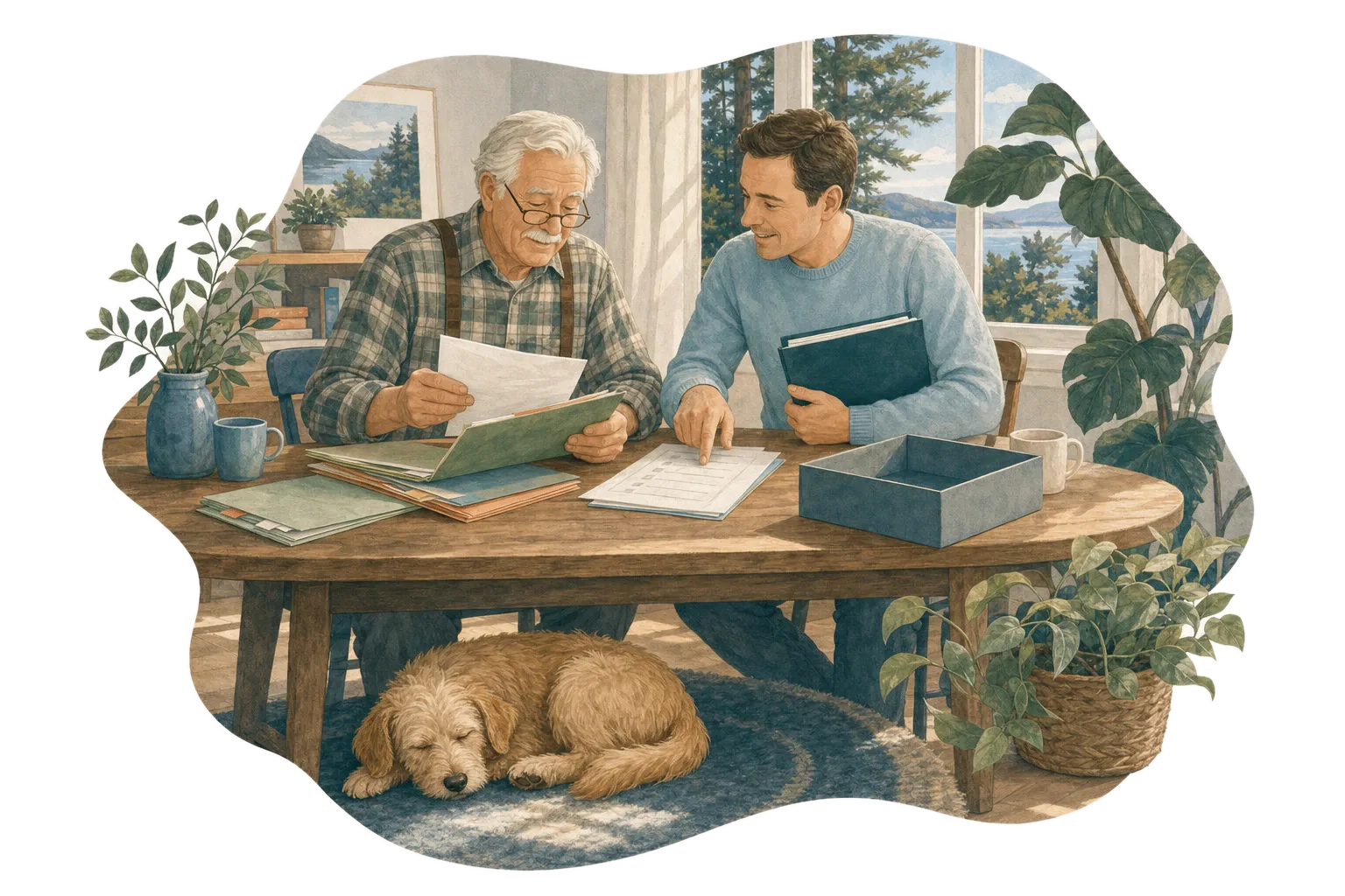 Illustration of an advisor helping an older man sort papers into folders at his dining table