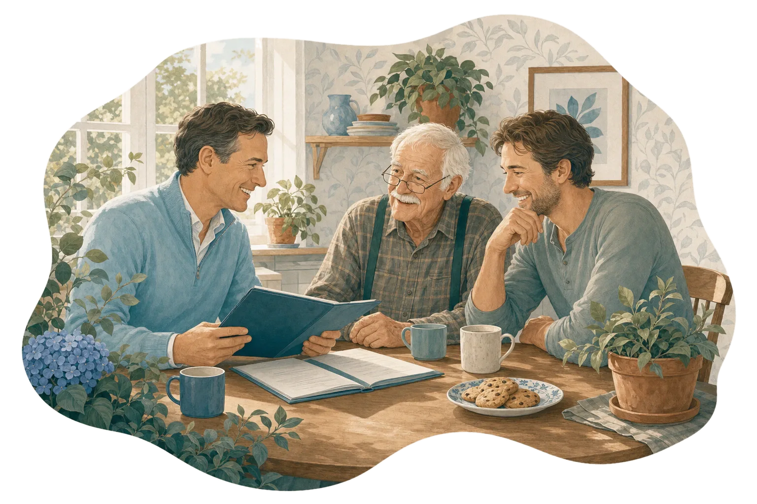 Illustration of a Leaf advisor sitting with a family at a kitchen table