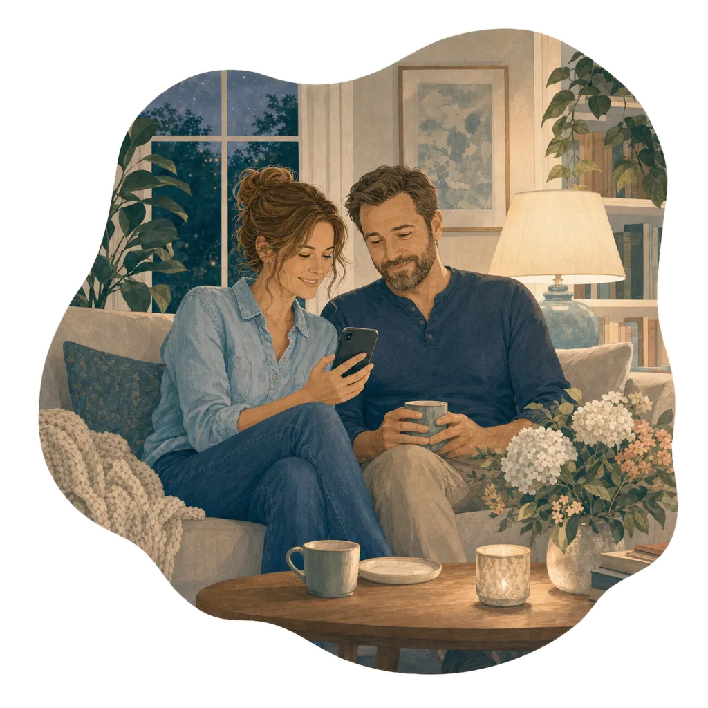 Illustration of a couple on a couch looking at a phone together