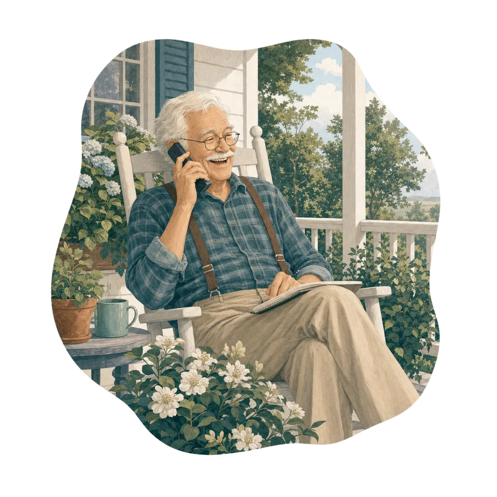 Illustration of an older man laughing on the phone in a porch rocking chair