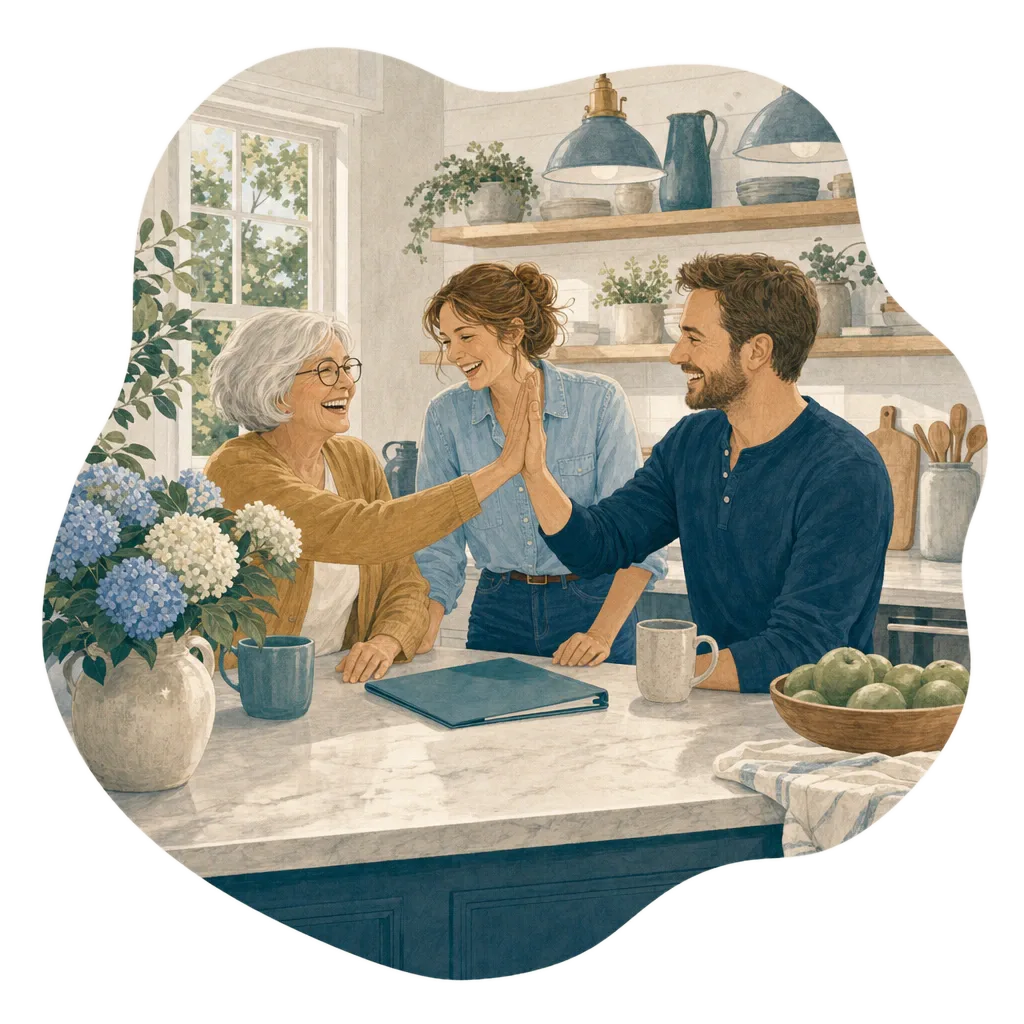 Illustration of a family giving each other a high five in the kitchen