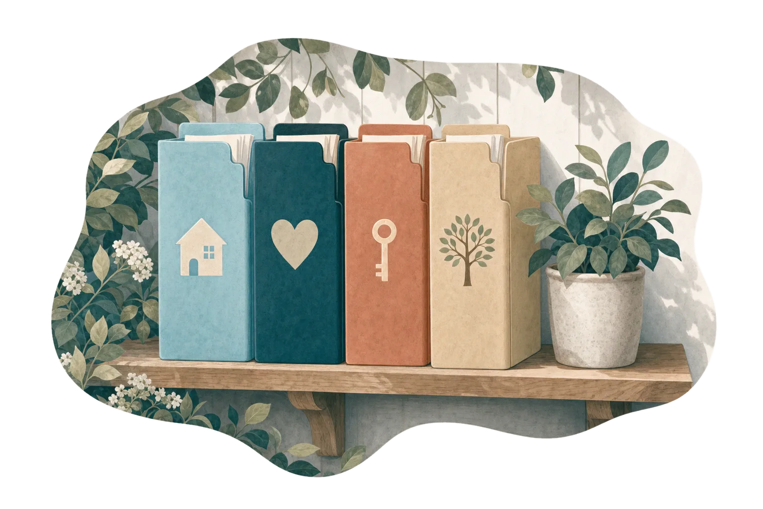 Illustration of four friendly document folders standing on a shelf